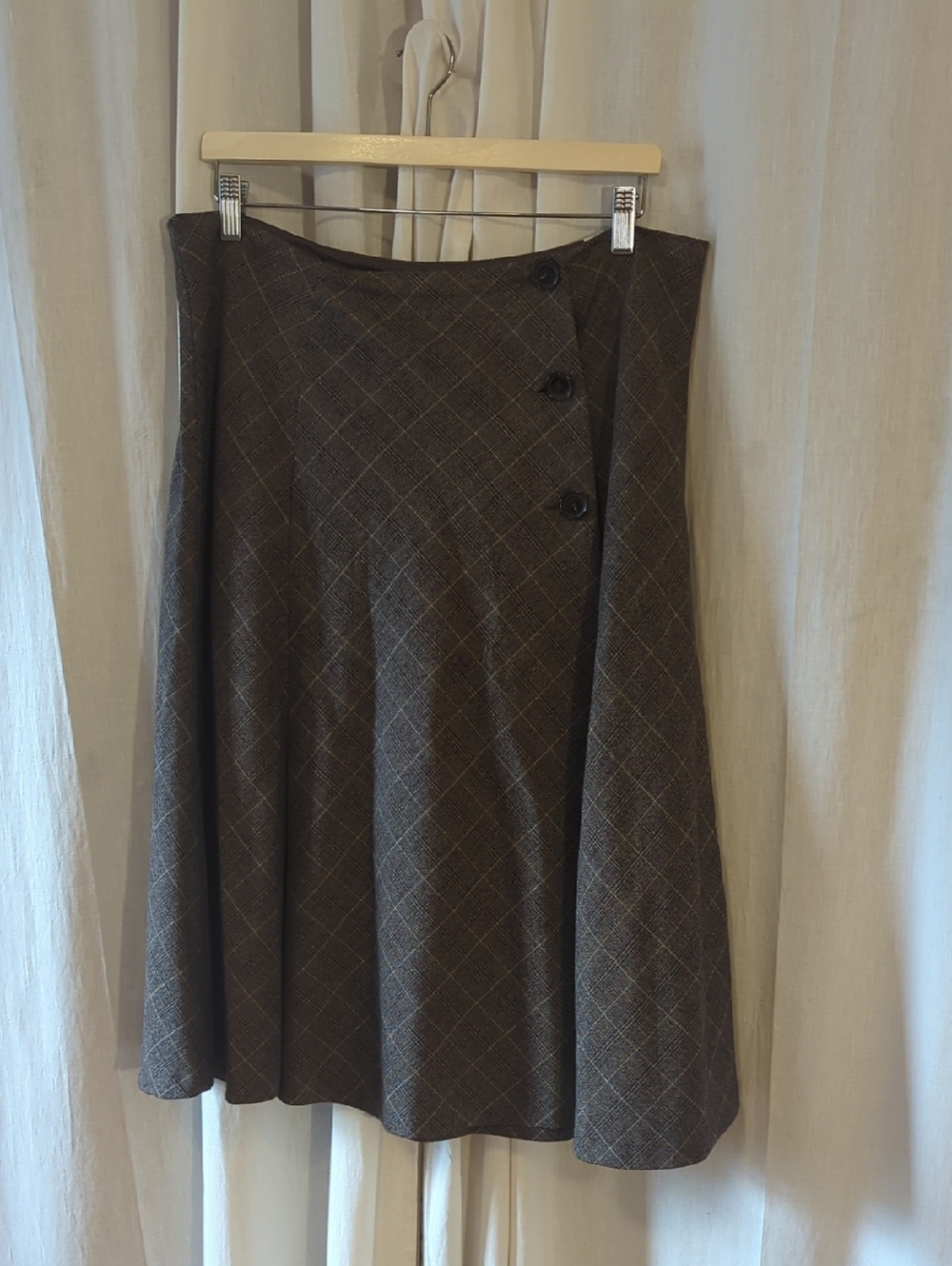 Jones New York Brown Plaid Wrap A-Line Skirt with Button Detail